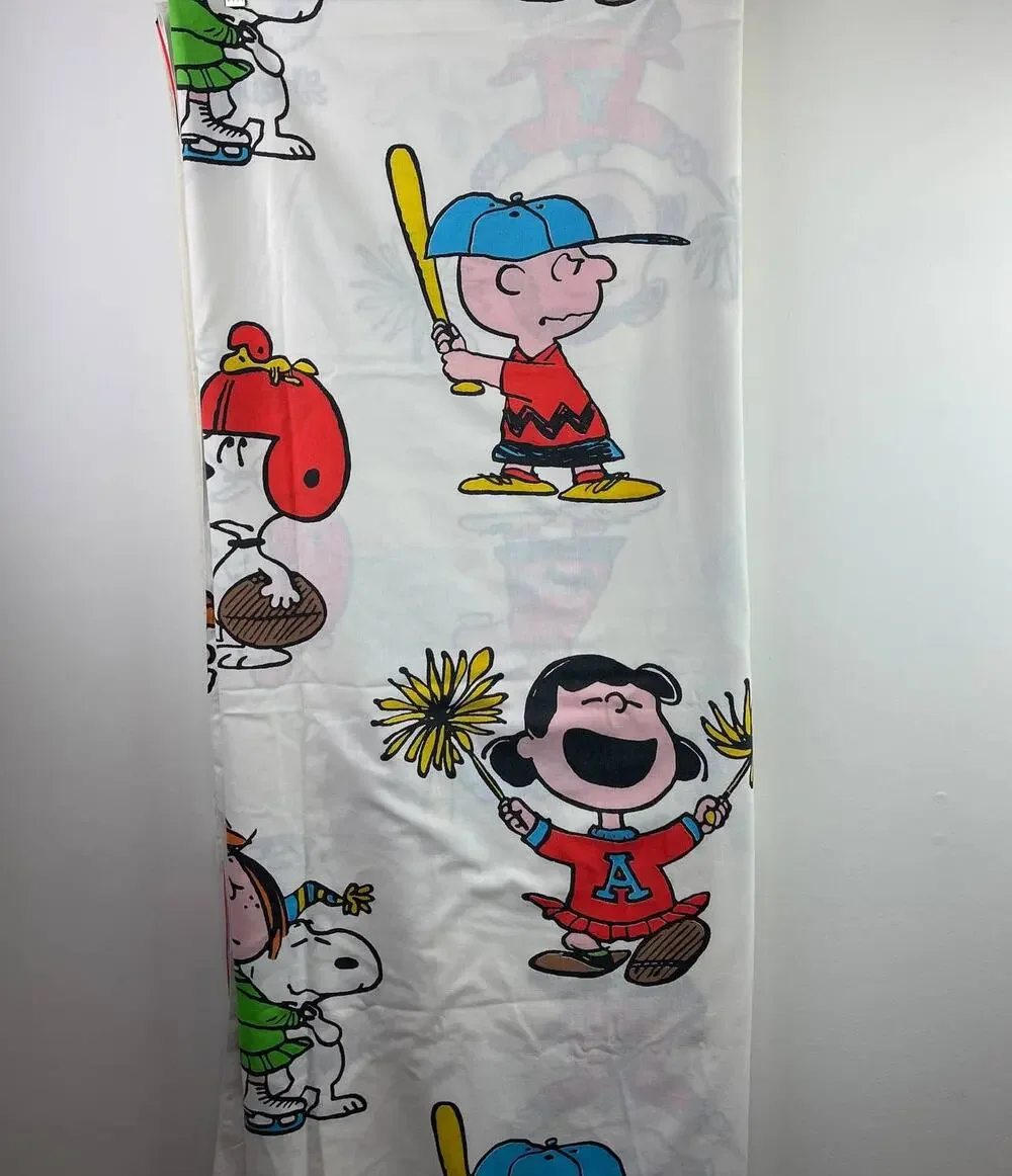 Vintage PEANUTS Charlie Sport Snoopy Flat Sheet 2 Pillow Montgomery Ward 81x104